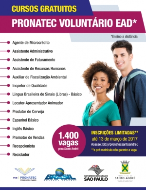 Santo Andr&eacute; tem 1.400 vagas para cursos t&eacute;cnicos gratuitos a dist&acirc;ncia